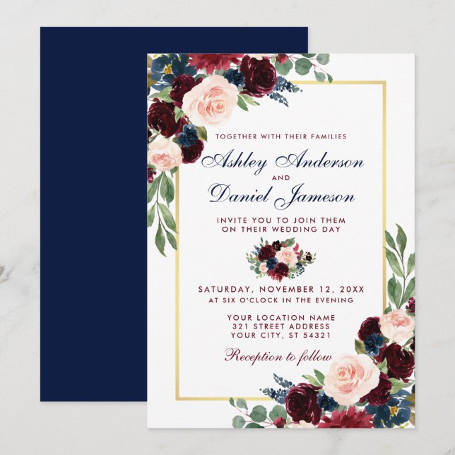 Watercolor Burgundy Blue Floral Wedding Gold Invitation (Front/Back)