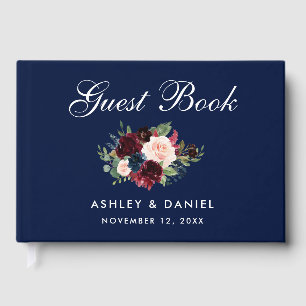 Watercolor Burgundy Blue Floral Wedding Guest Book