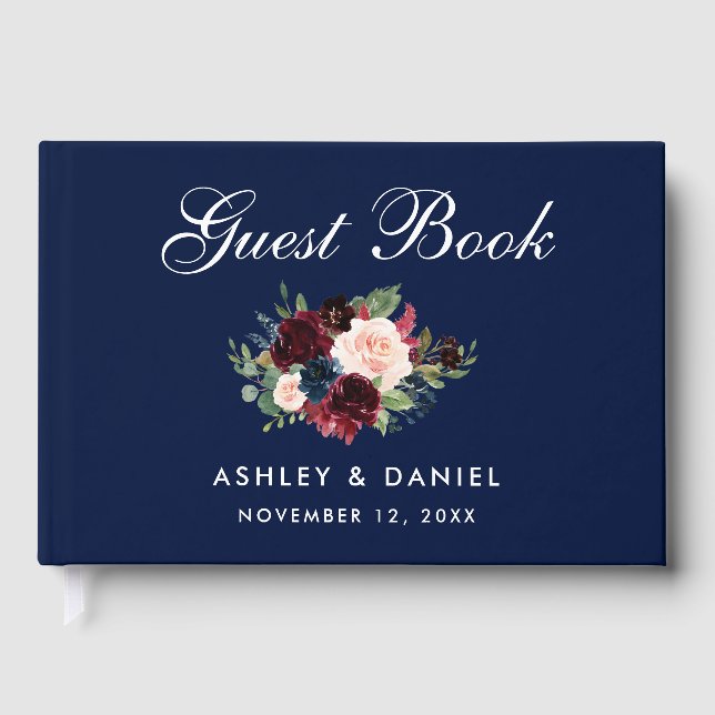 Watercolor Burgundy Blue Floral Wedding Guest Book (Front)