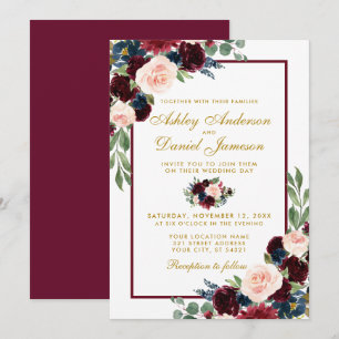 Watercolor Burgundy Blue Floral Wedding Invitation