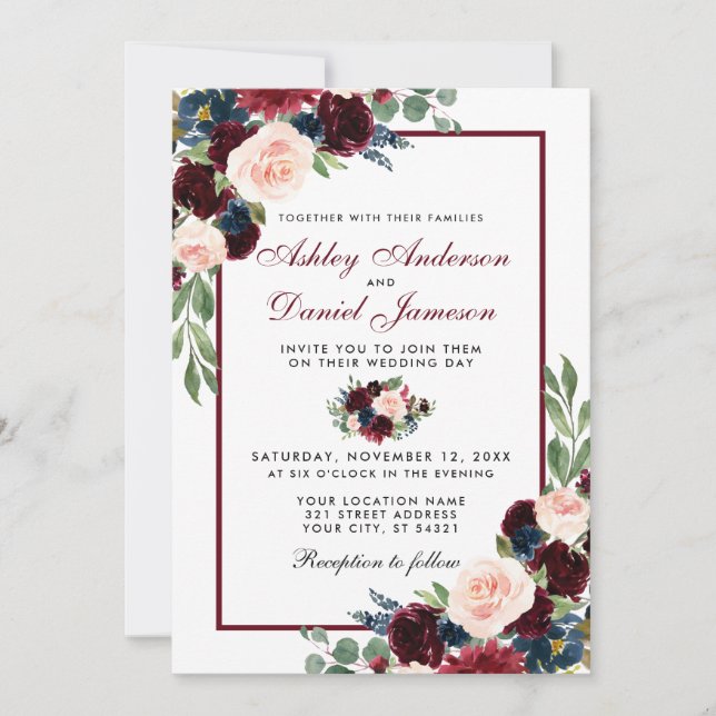 Watercolor Burgundy Blue Floral Wedding Invitation (Front)