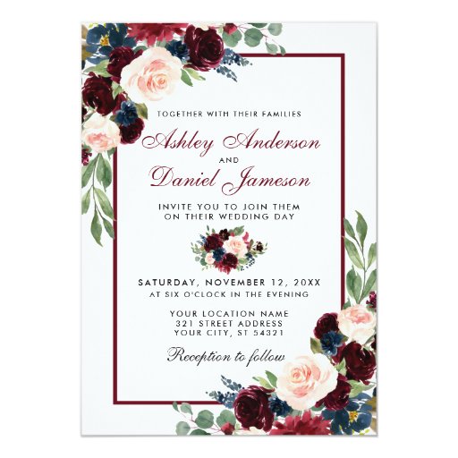 Image of Watercolor Burgundy Blue Floral Wedding Invitation