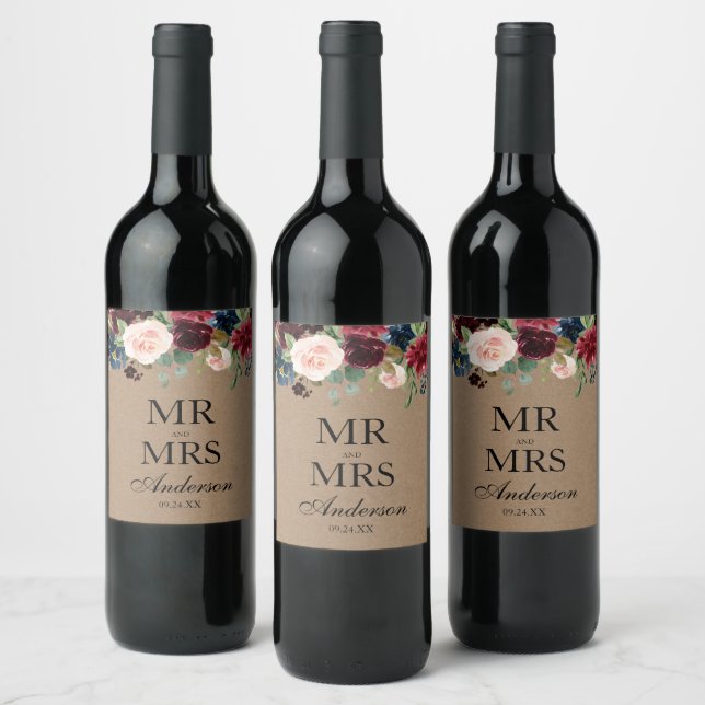 Watercolor Burgundy Blue Floral Wedding Kraft Wine Label (Bottles)