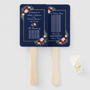 Watercolor Burgundy Blue Floral Wedding Program Hand Fan