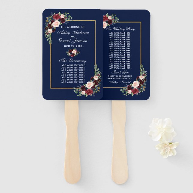 Watercolor Burgundy Blue Floral Wedding Program Hand Fan (Front and Back)