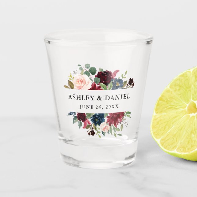 Watercolor Burgundy Blue Floral Wedding Shot Glass (Front)