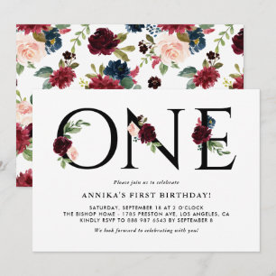 Watercolor Burgundy & Blue Flowers First Birthday Invitation