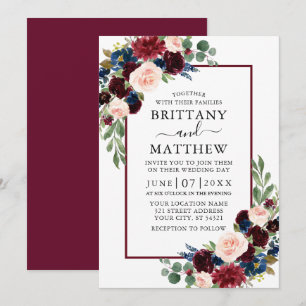 Watercolor Burgundy Blue Mixed Floral Wedding Invitation