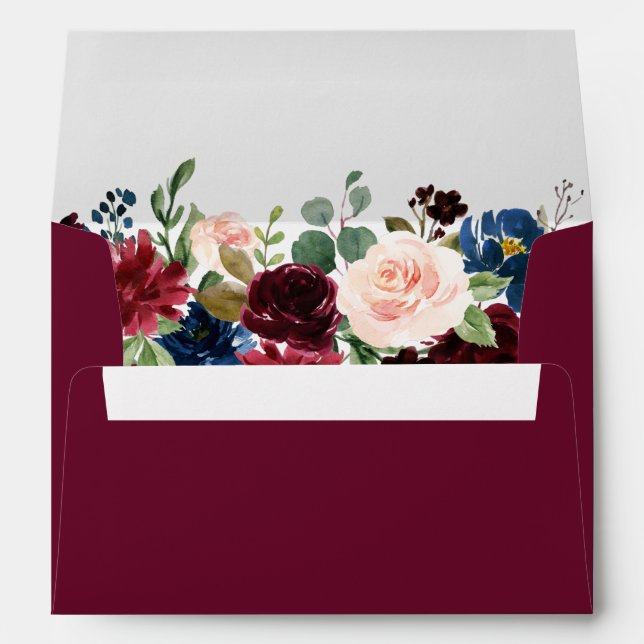 Watercolor Burgundy Blue Pink Floral Wedding Envelope (Back (Bottom))