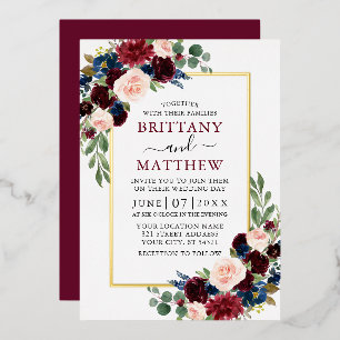 Watercolor Burgundy Blue Pink Floral Wedding Gold