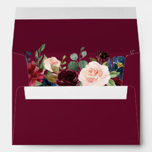 Watercolor Burgundy Blue Wedding Floral Invitation Envelope