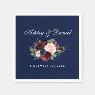 Watercolor Burgundy Blue Wedding Floral Napkin