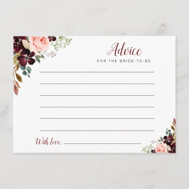 watercolor burgundy & blush floral advice card (Front)
