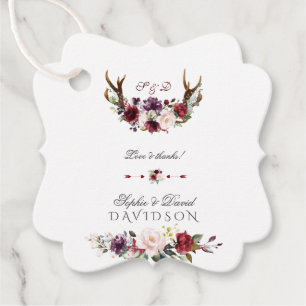 Watercolor Burgundy Blush Floral Antlers Wedding Favour Tags