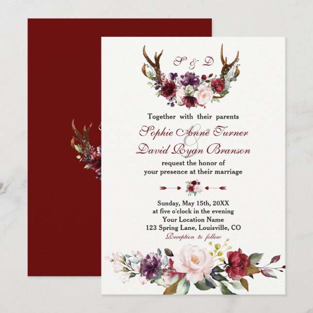 Watercolor Burgundy Blush Floral Antlers Wedding Invitation (Front/Back)