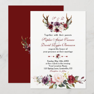 Watercolor Burgundy Blush Floral Antlers Wedding Invitation