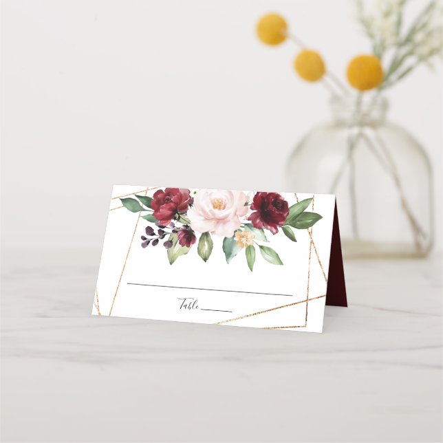 Watercolor Burgundy Blush Floral Gold Geometric Place Card (Front)