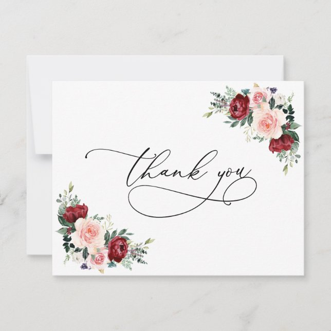 Watercolor Burgundy Blush Floral Wedding Thank You Card (Front)