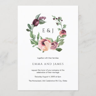 Watercolor Burgundy Blush Floral Wreath Wedding Invitation