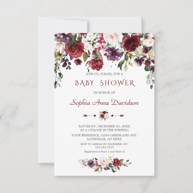 Watercolor Burgundy Blush Flowers Baby Shower Invitation (Front)