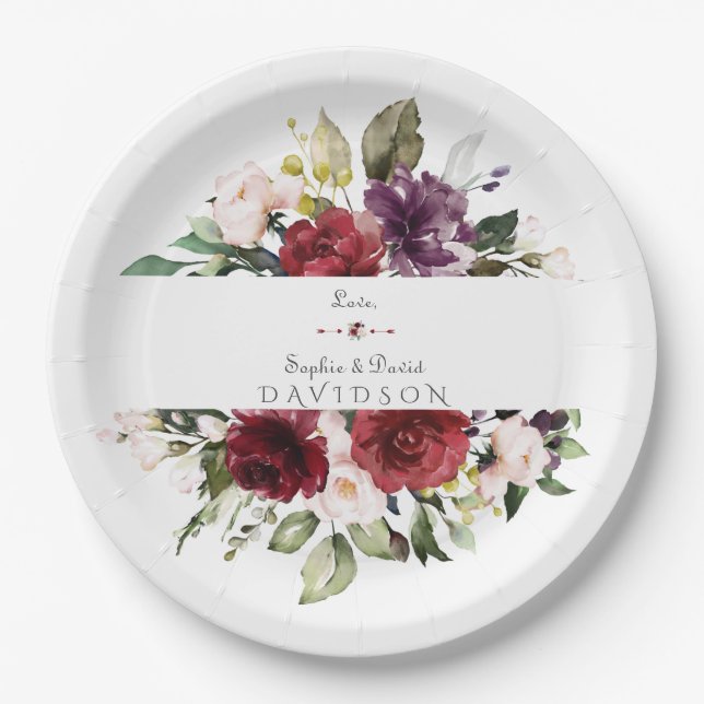 Watercolor Burgundy Blush Flowers Frame Wedding Paper Plate (Front)
