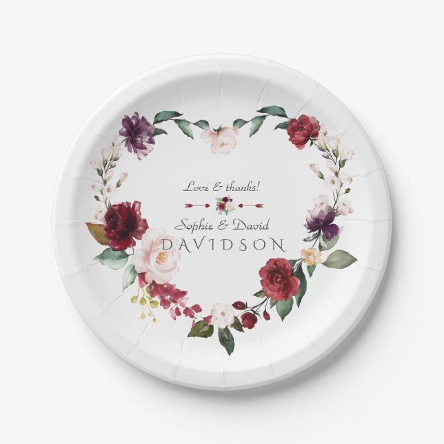 Watercolor Burgundy Blush Flowers Wreath Wedding Paper Plate (Front)