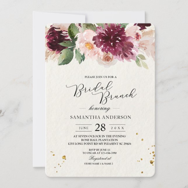 Watercolor Burgundy Blush Pink & Red Floral   Invitation (Front)