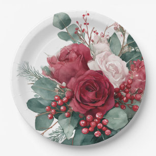Watercolor Burgundy & Blush Roses Bridal Shower Paper Plate