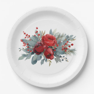 Watercolor Burgundy & Blush Roses wedding Paper Plate