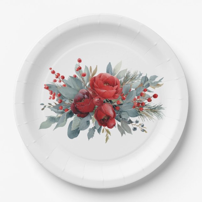 Watercolor Burgundy & Blush Roses wedding Paper Plate (Front)