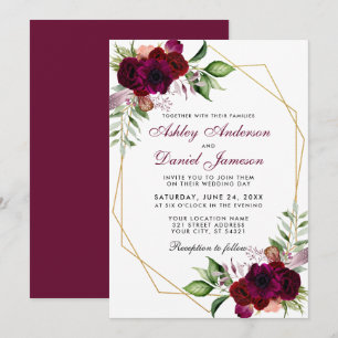 Watercolor Burgundy Boho Floral Gold Frame Wedding Invitation