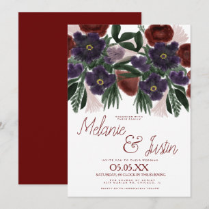 Watercolor Burgundy Bold Bouquet  Floral Wedding Invitation
