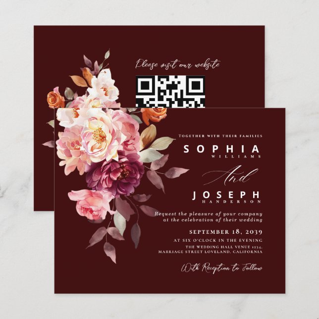 watercolor Burgundy Bouquet Floral Wedding (Front/Back)