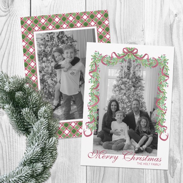 Watercolor Burgundy Christmas Garland Photo Holiday Card (Creator Uploaded)