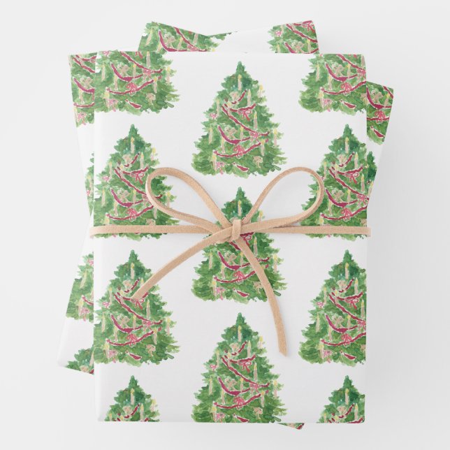 Watercolor Burgundy Christmas Tree Wrapping Paper Sheet (In situ)