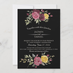 Watercolor Burgundy Country Roses Pink Black Invitation