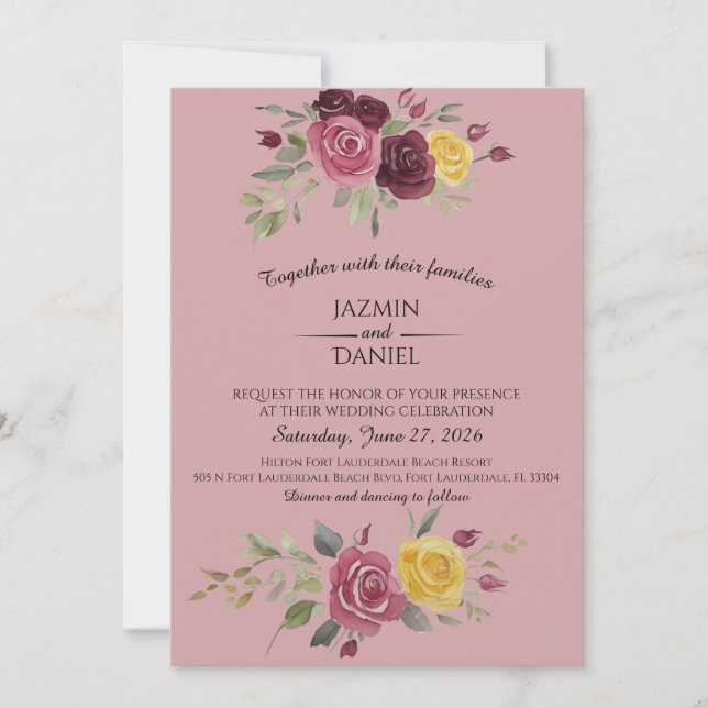  Watercolor Burgundy Country Roses Pink Invitation (Front)