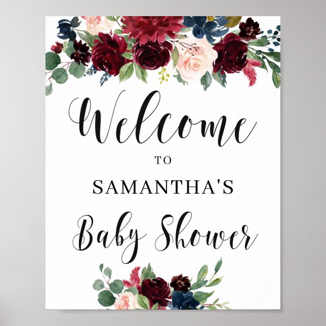 Watercolor burgundy deep red navy floral baby poster (Front)