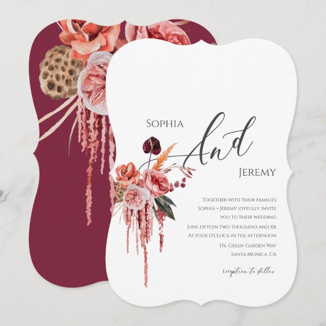 Watercolor Burgundy Dried Flowers Wedding  Invitation (Front/Back)