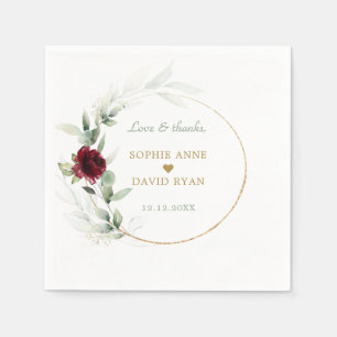 Watercolor Burgundy Floral Airy Leaves Wedding  Napkin