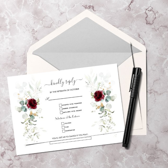 Watercolor Burgundy Floral Airy Leaves Wedding   RSVP Card (Creator Uploaded)