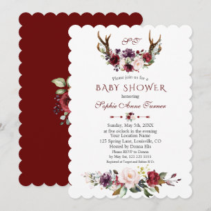 Watercolor Burgundy Floral Antlers Baby Shower Invitation