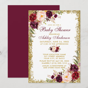 Watercolor Burgundy Floral Baby Shower Glitter Invitation