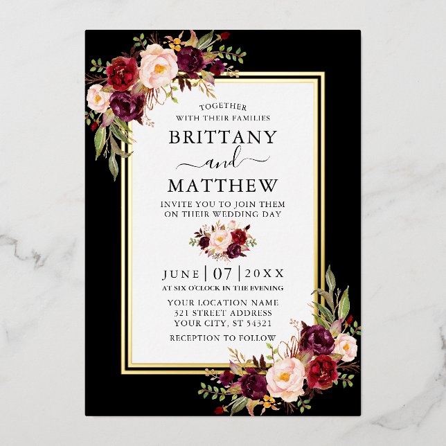 Watercolor Burgundy Floral Black 2 Frame Gold (Front)