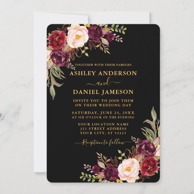 Watercolor Burgundy Floral Black and Gold Wedding Invitation (Front)