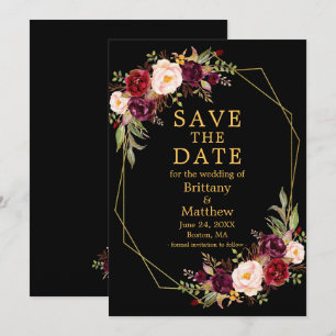 Watercolor Burgundy Floral Black Gold Geo Frame Save The Date