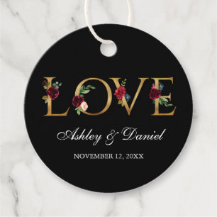 Watercolor Burgundy Floral Black Gold Love Wedding Favour Tags