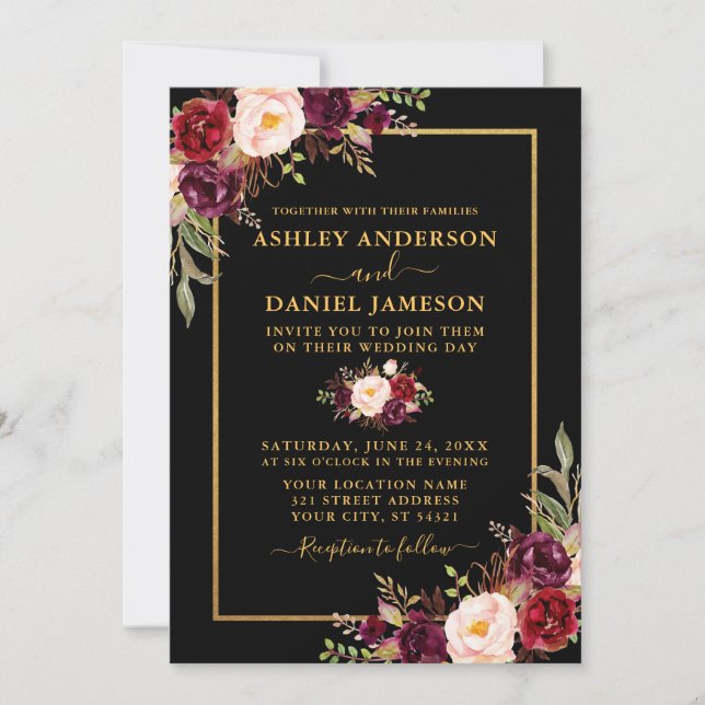 Watercolor Burgundy Floral Black Gold Wedding Invitation (Front)