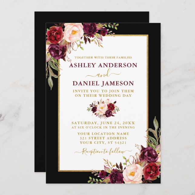 Watercolor Burgundy Floral Black Gold Wedding Invitation (Front/Back)