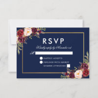 Watercolor Burgundy Floral Blue Gold RSVP
